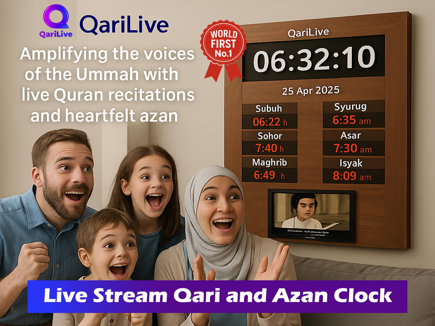 Demo QariLive Azan Clock (gambar ilustrasi sahaja, rekaan akhir mungkin berbeza)
